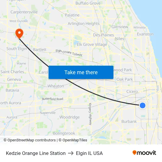 Kedzie Orange Line Station to Elgin IL USA map