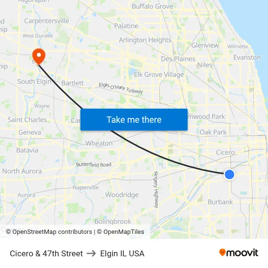Cicero & 47th Street to Elgin IL USA map