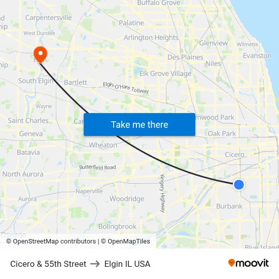 Cicero & 55th Street to Elgin IL USA map