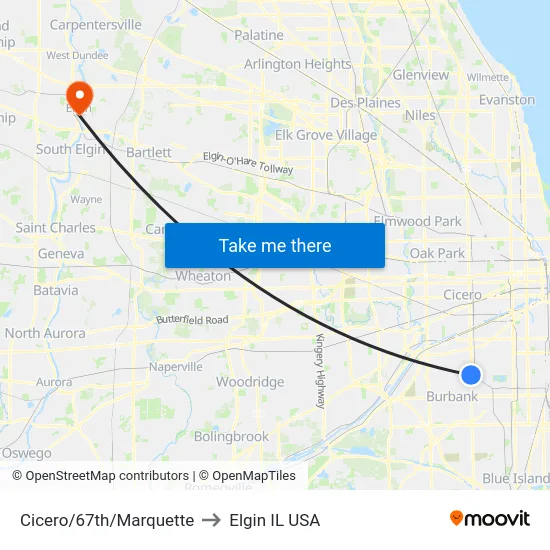 Cicero/67th/Marquette to Elgin IL USA map