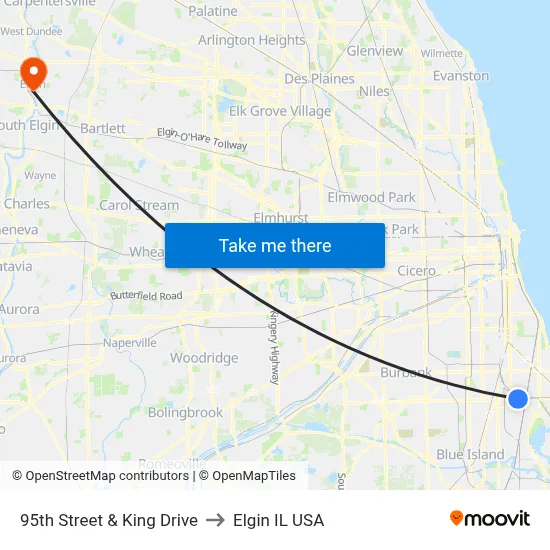 95th Street & King Drive to Elgin IL USA map