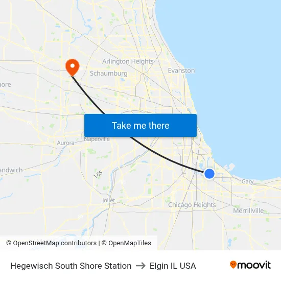 Hegewisch South Shore Station to Elgin IL USA map