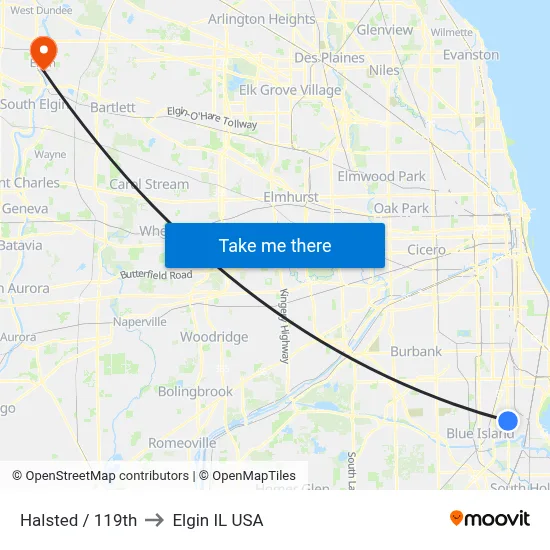 Halsted / 119th to Elgin IL USA map