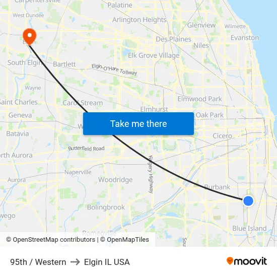 95th / Western to Elgin IL USA map