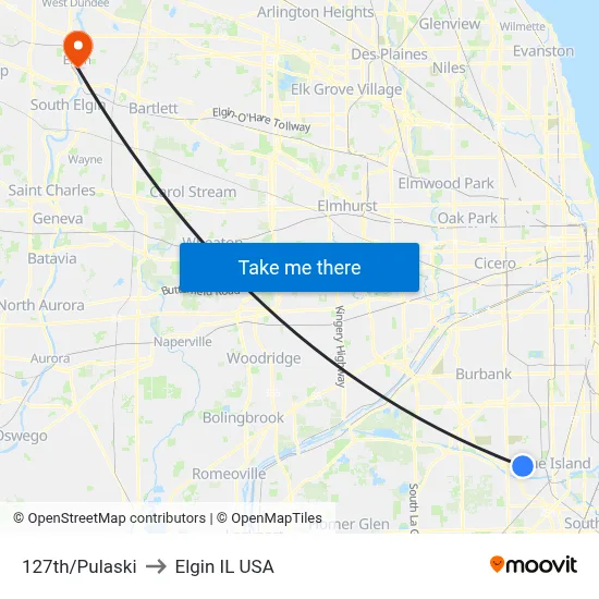 127th/Pulaski to Elgin IL USA map