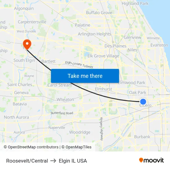 Roosevelt/Central to Elgin IL USA map