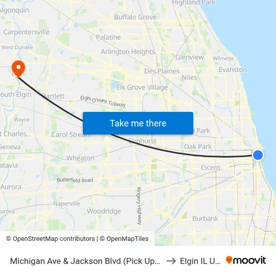 Michigan Ave & Jackson Blvd (Pick Up Only) to Elgin IL USA map