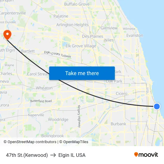 47th St.(Kenwood) to Elgin IL USA map