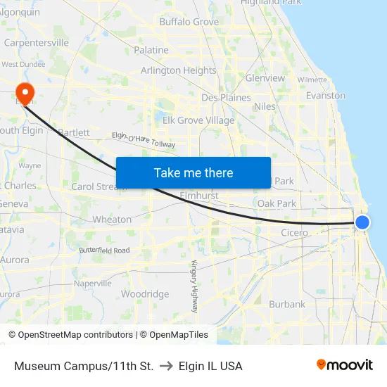 Museum Campus/11th St. to Elgin IL USA map