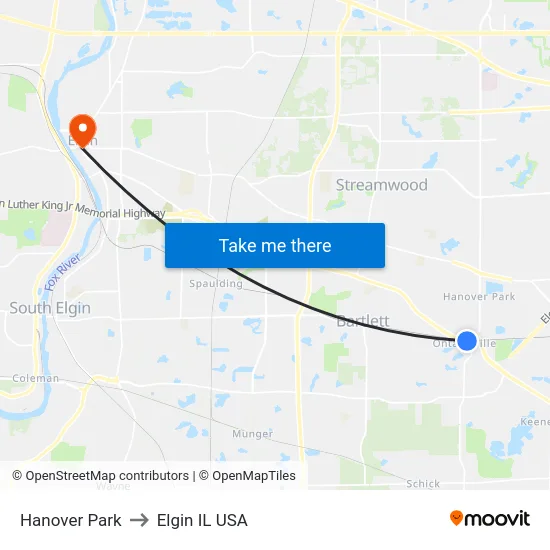 Hanover Park to Elgin IL USA map