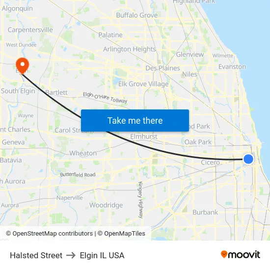 Halsted Street to Elgin IL USA map