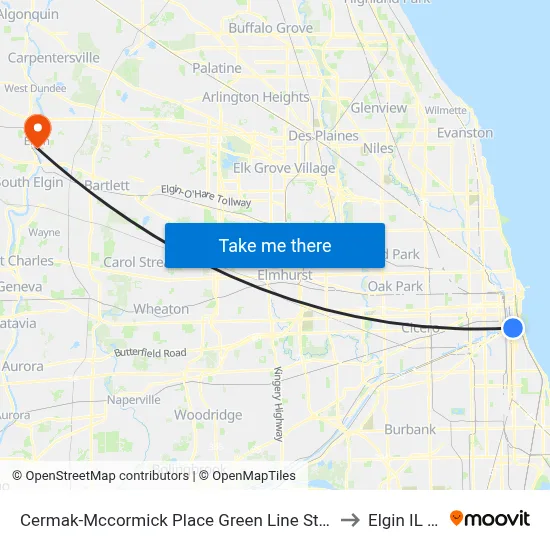 Cermak-Mccormick Place Green Line Station (East) to Elgin IL USA map