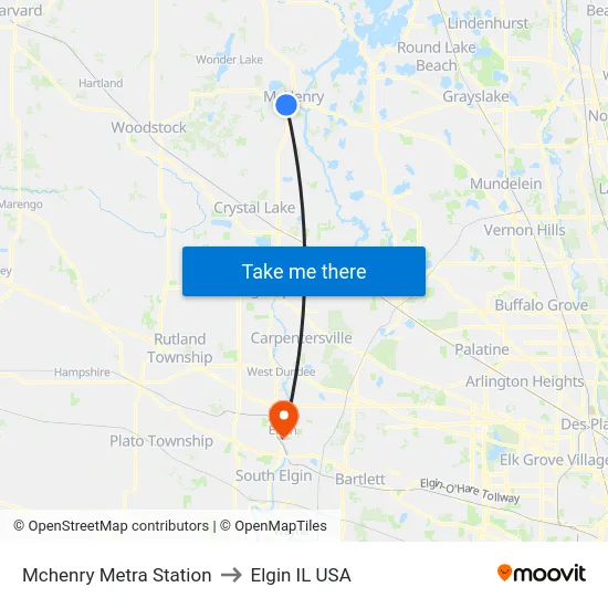 Mchenry Metra Station to Elgin IL USA map