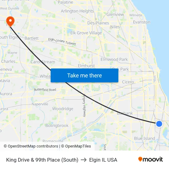 King Drive & 99th Place (South) to Elgin IL USA map