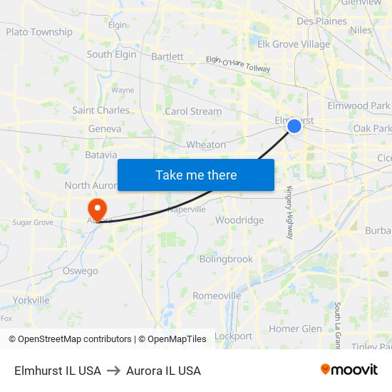 Elmhurst IL USA to Aurora IL USA map