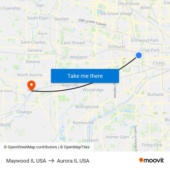 Maywood IL USA to Aurora IL USA map