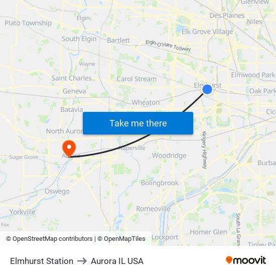 Elmhurst Station to Aurora IL USA map