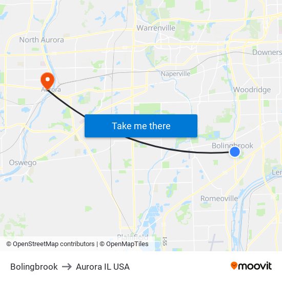 Bolingbrook to Aurora IL USA map