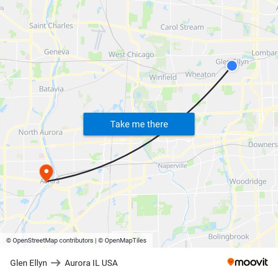 Glen Ellyn to Aurora IL USA map