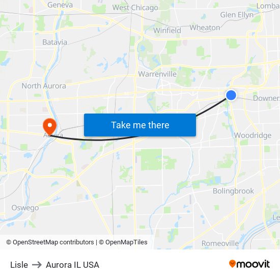 Lisle to Aurora IL USA map