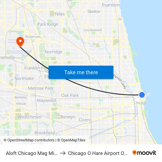 Aloft Chicago Mag Mile to Chicago O Hare Airport ORD map