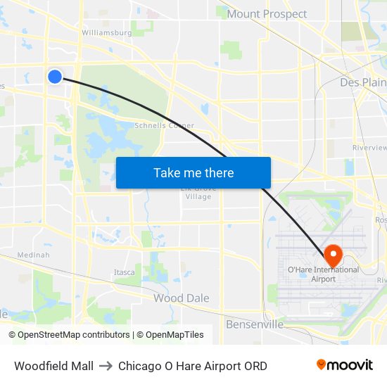 Woodfield Mall to Chicago O Hare Airport ORD map