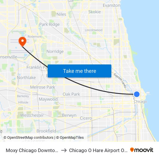 Moxy Chicago Downtown to Chicago O Hare Airport ORD map