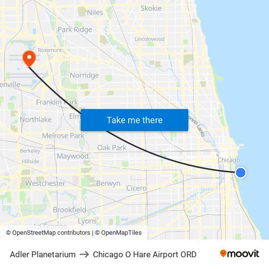 Adler Planetarium to Chicago O Hare Airport ORD map