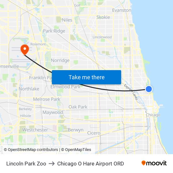 Lincoln Park Zoo to Chicago O Hare Airport ORD map