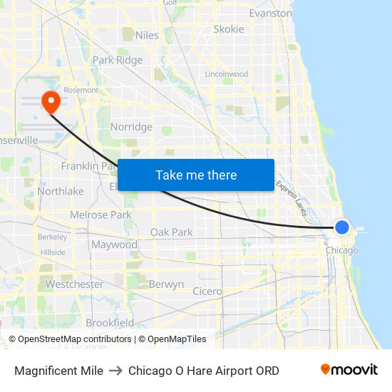 Magnificent Mile to Chicago O Hare Airport ORD map