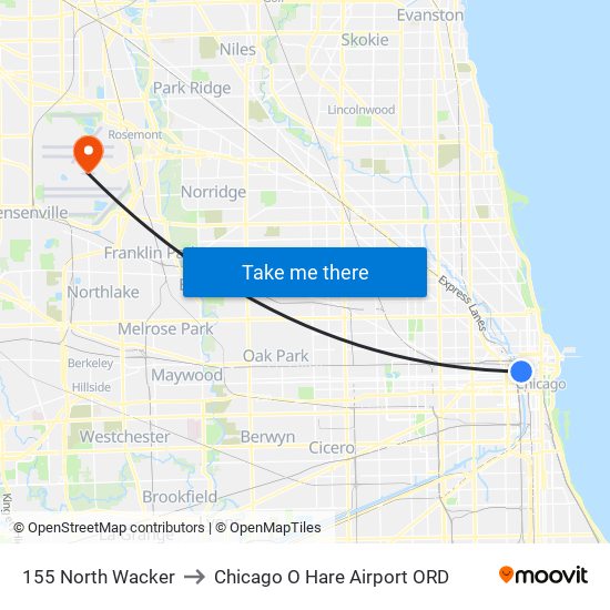155 North Wacker to Chicago O Hare Airport ORD map