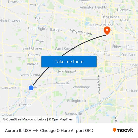 Aurora IL USA to Chicago O Hare Airport ORD map