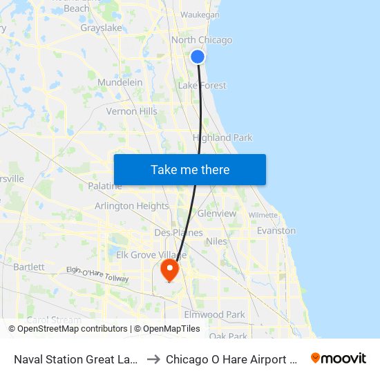 Naval Station Great Lakes to Chicago O Hare Airport ORD map