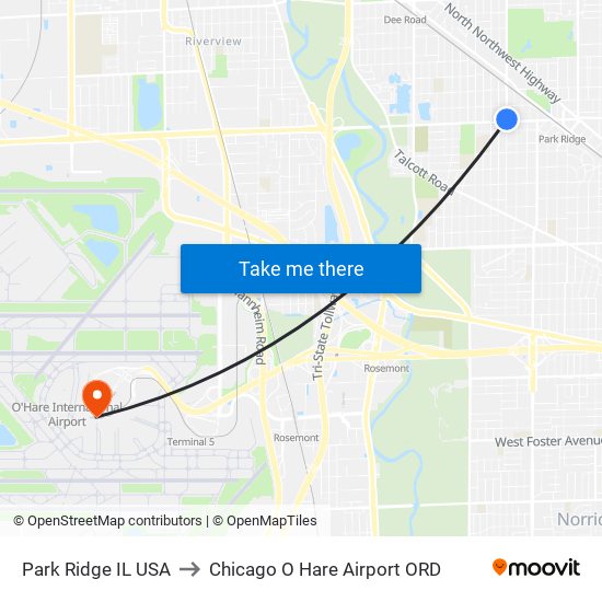 Park Ridge IL USA to Chicago O Hare Airport ORD map