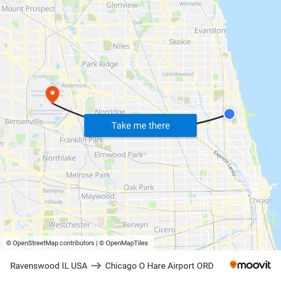 Ravenswood IL USA to Chicago O Hare Airport ORD map