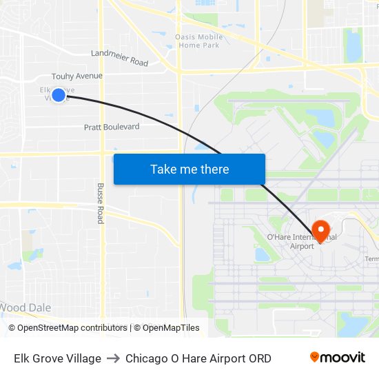 Elk Grove Village to Chicago O Hare Airport ORD map