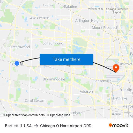Bartlett IL USA to Chicago O Hare Airport ORD map