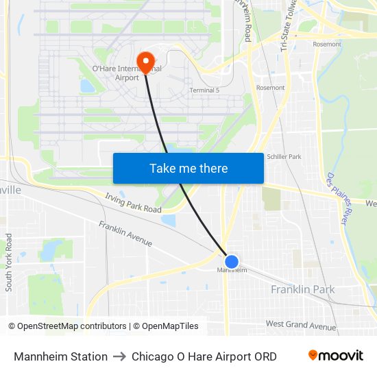 Mannheim Station to Chicago O Hare Airport ORD map