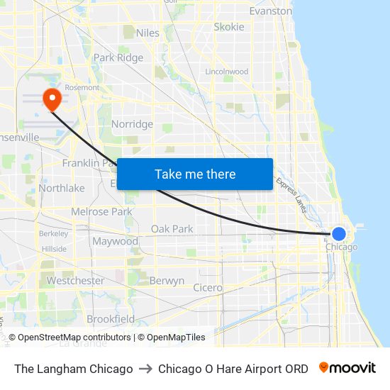 The Langham Chicago to Chicago O Hare Airport ORD map