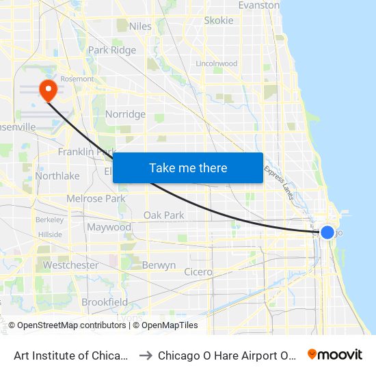 Art Institute of Chicago to Chicago O Hare Airport ORD map