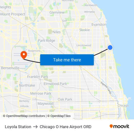 Loyola Station to Chicago O Hare Airport ORD map