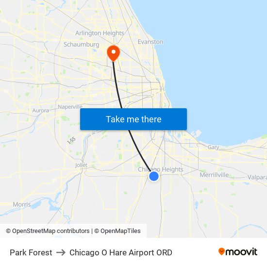 Park Forest to Chicago O Hare Airport ORD map