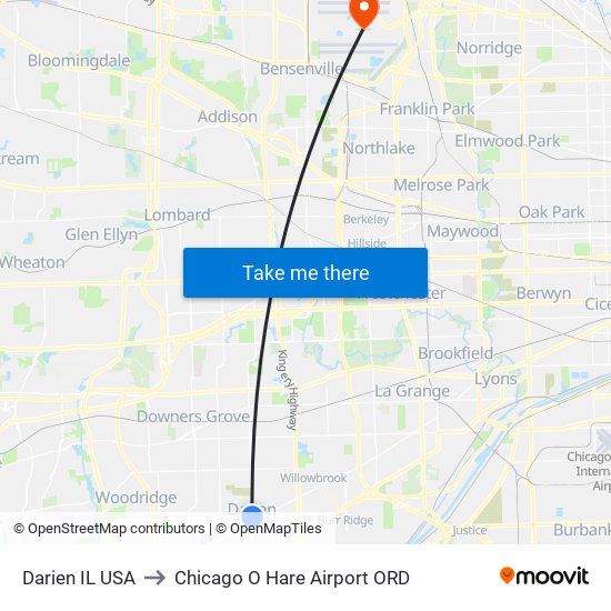 Darien IL USA to Chicago O Hare Airport ORD map