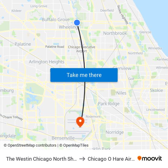 The Westin Chicago North Shore Wheeling to Chicago O Hare Airport ORD map