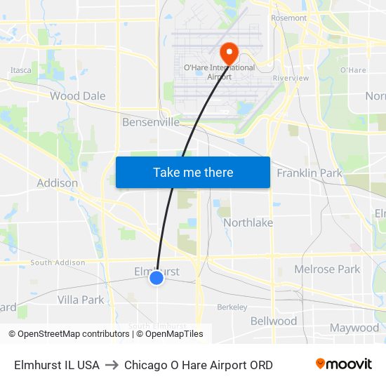 Elmhurst IL USA to Chicago O Hare Airport ORD map