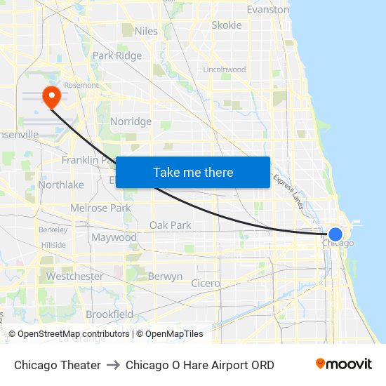 Chicago Theater to Chicago O Hare Airport ORD map