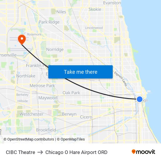 CIBC Theatre to Chicago O Hare Airport ORD map