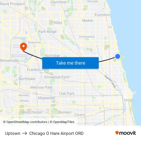 Uptown to Chicago O Hare Airport ORD map