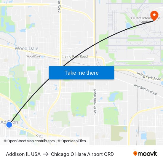 Addison IL USA to Chicago O Hare Airport ORD map