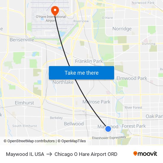 Maywood IL USA to Chicago O Hare Airport ORD map